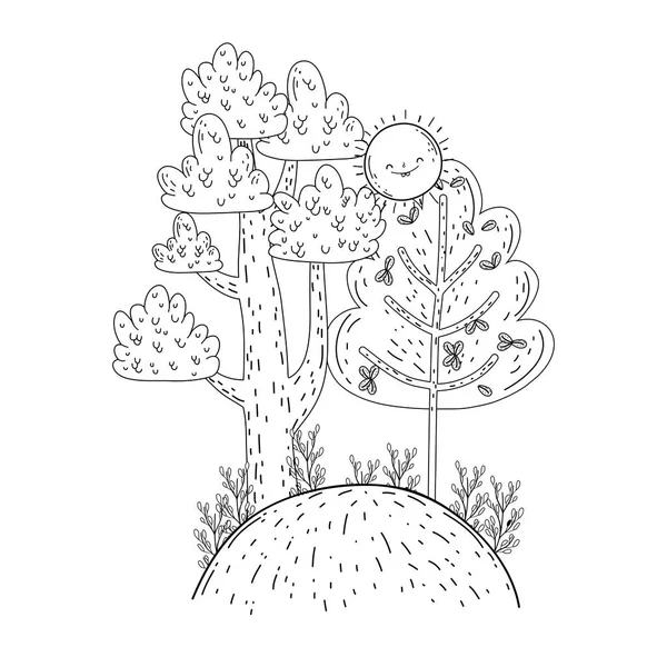 Mooi landschap met zon kawaii en bomen — Stockvector