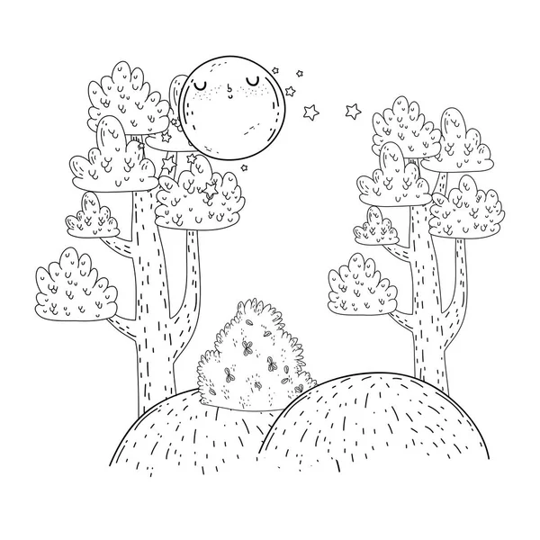 Gyönyörű táj éjszaka a Hold kawaii karakter — Stock Vector