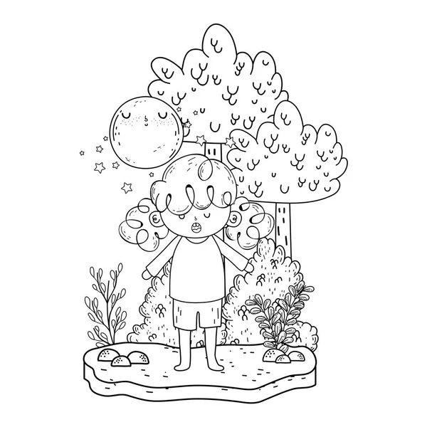 Niedliches kleines Mädchen mit Mond-Kawaii in der Landschaft — Stockvektor