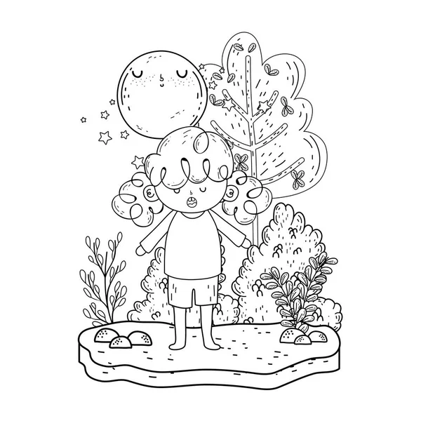 Niedliches kleines Mädchen mit Mond-Kawaii in der Landschaft — Stockvektor