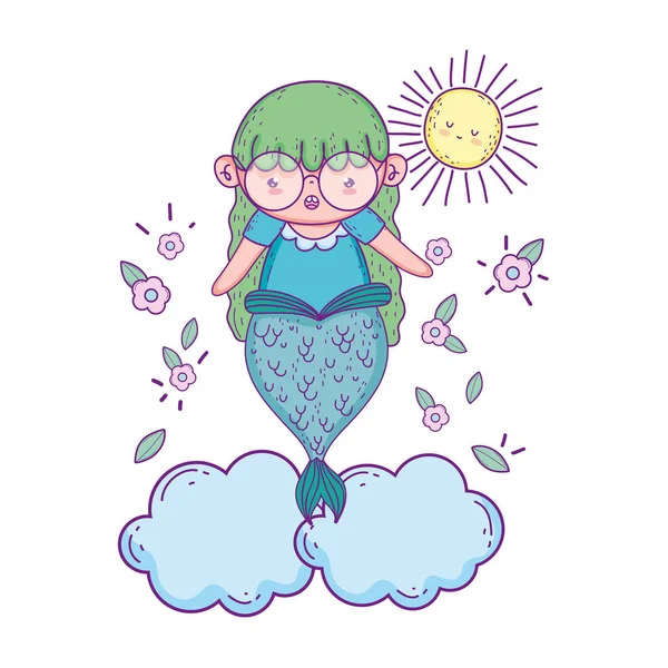 Cute mermaid in clouds with flowers — Stock Vector