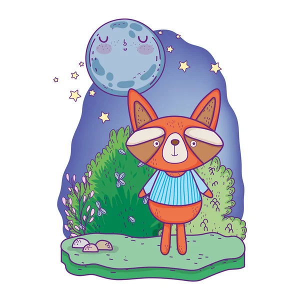 Pequeño mapache con luna kawaii en el paisaje — Vector de stock