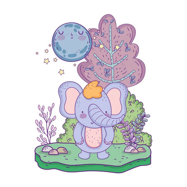 月可愛い風景の中の小さな象 — ストックベクタ