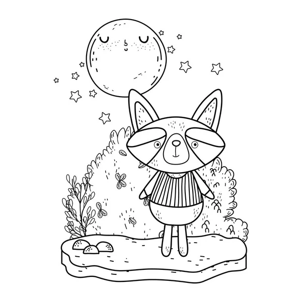 Pequeño mapache con luna kawaii en el paisaje — Vector de stock