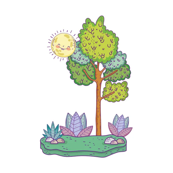 Hermoso paisaje con sol kawaii y árboles — Vector de stock