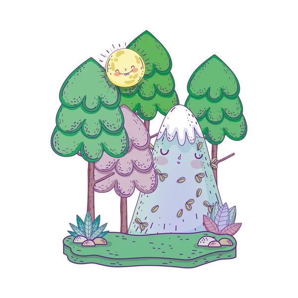 Paisaje con kawaii de montaña y árbol — Vector de stock