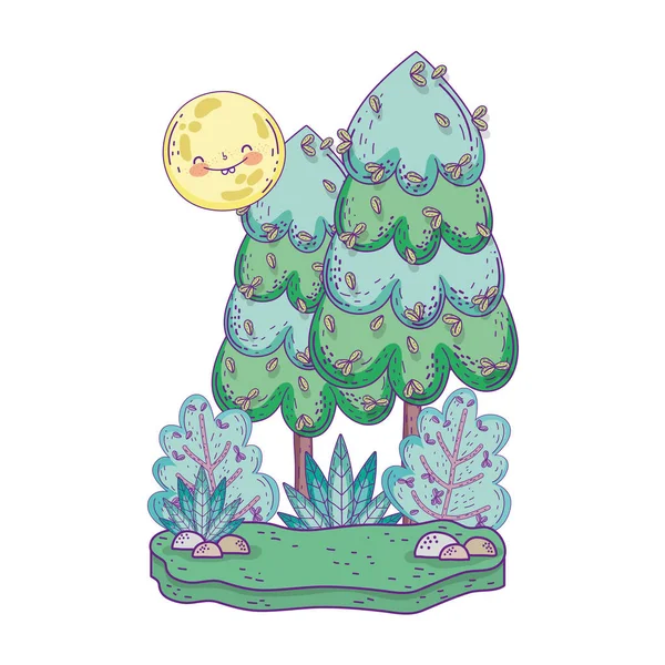 Hermoso paisaje con sol kawaii y árboles — Vector de stock