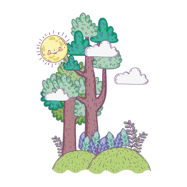 可愛い太陽と木と美しい風景 — ストックベクタ