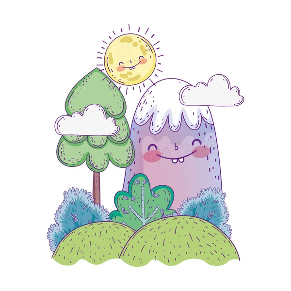 Neige de montagne et soleil kawaii personnages — Image vectorielle