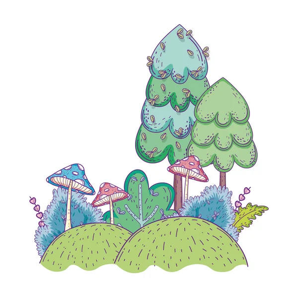 Belle forêt et champignon paysage scène — Image vectorielle