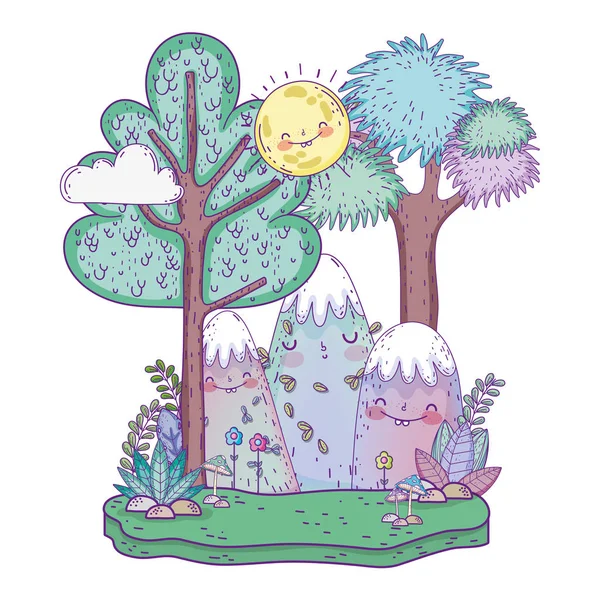 Paysage avec montagne kawaii et arbre — Image vectorielle