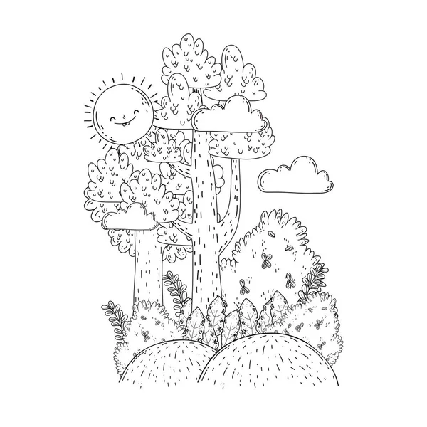 Güneş kawaii ve ağaçları ile güzel manzara