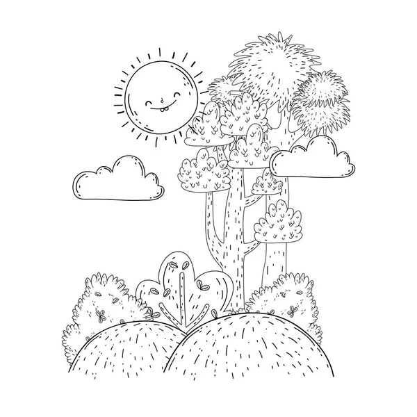 Güneş kawaii ve ağaçları ile güzel manzara