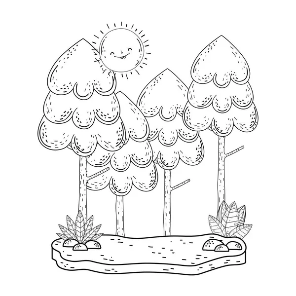 Bela paisagem com kawaii sol e árvores — Vetor de Stock