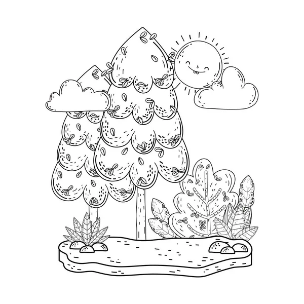 Beau paysage avec soleil kawaii et arbres — Image vectorielle