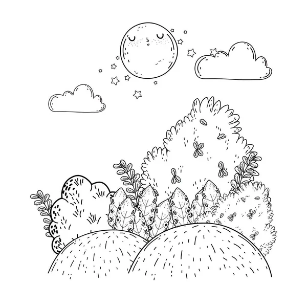 Bela noite paisagem com caráter kawaii lua —  Vetores de Stock