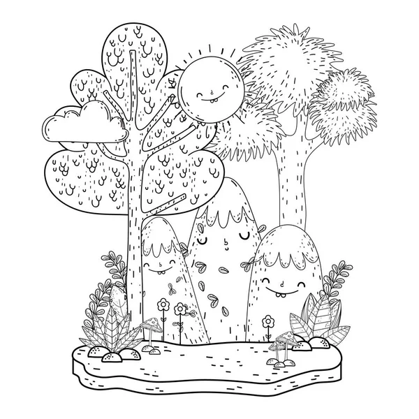 Güneş kawaii ve ağaçları ile güzel manzara