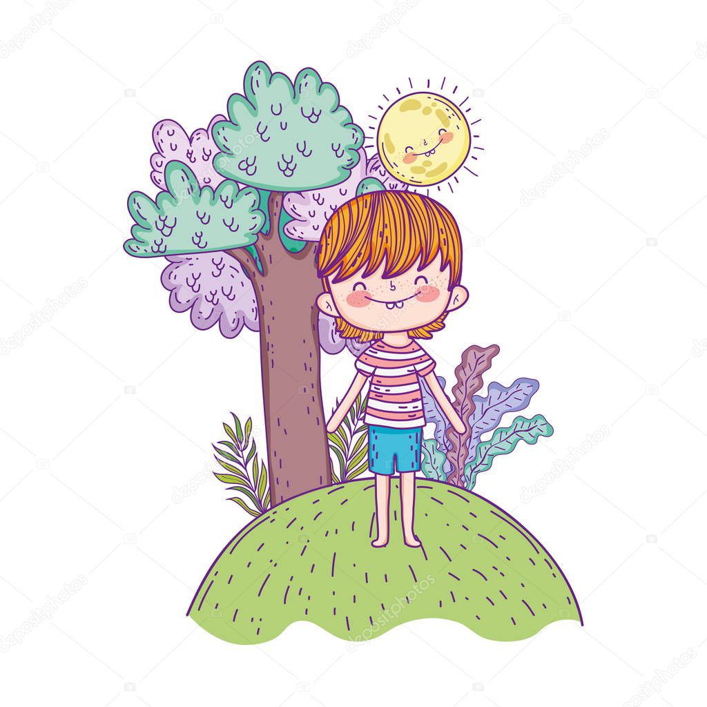 cute little boy with sun kawaii in the landscape