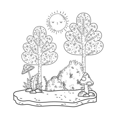 Güneş kawaii ve ağaçları ile güzel manzara