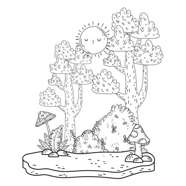 Güneş kawaii ve ağaçları ile güzel manzara