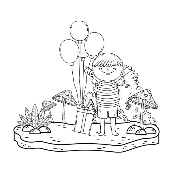 Mignonne petite fille avec cadeau et ballons hélium dans le paysage — Image vectorielle