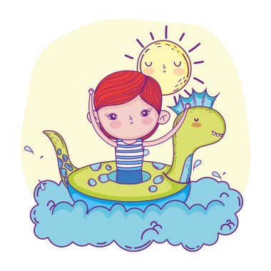 dinozor float bulutların içinde şirin küçük çocuk