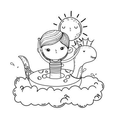 dinozor float bulutların içinde şirin küçük çocuk