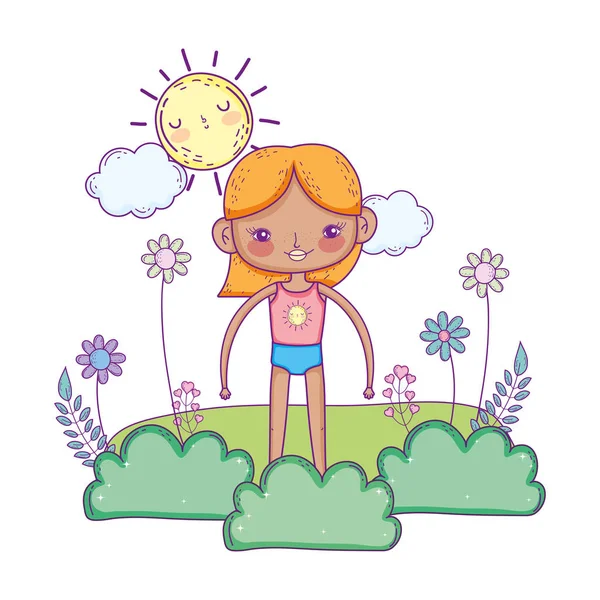 Niña en el jardín con flores — Vector de stock