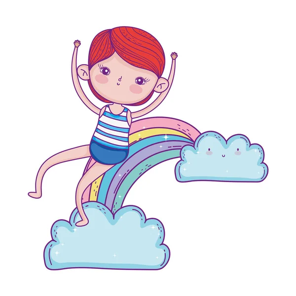 Niño pequeño con traje de baño en arco iris — Vector de stock