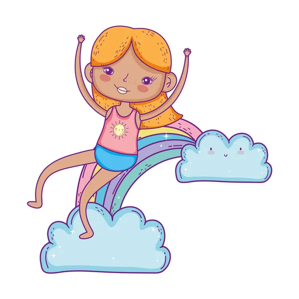 Niña en el personaje del arco iris — Vector de stock