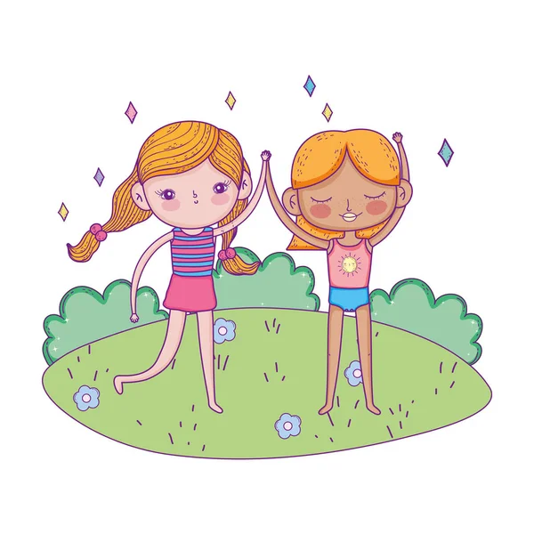 Bahçe karakter küçük kızlarla — Stok Vektör