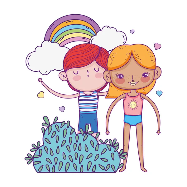 Niños pequeños pareja en el jardín con arco iris — Archivo Imágenes Vectoriales