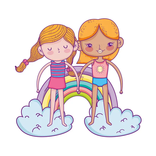 Niñas en las nubes con arco iris — Vector de stock