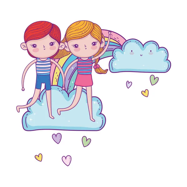 Маленькие дети пара в облаках с радугой — стоковый вектор