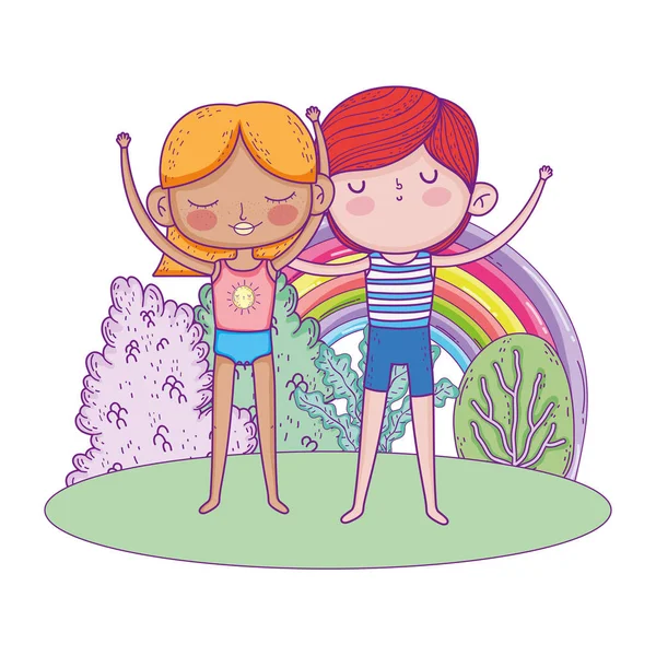 Little kids couple in the garden with rainbow — Stock Vector