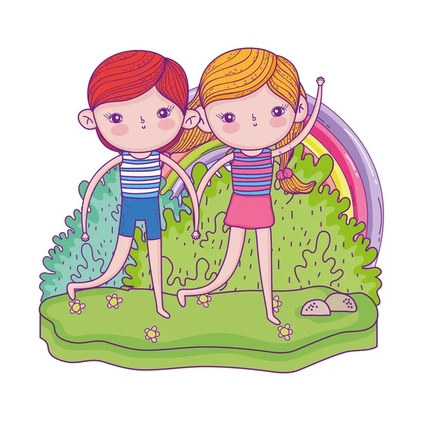 Niños pequeños pareja en el jardín con arco iris — Vector de stock