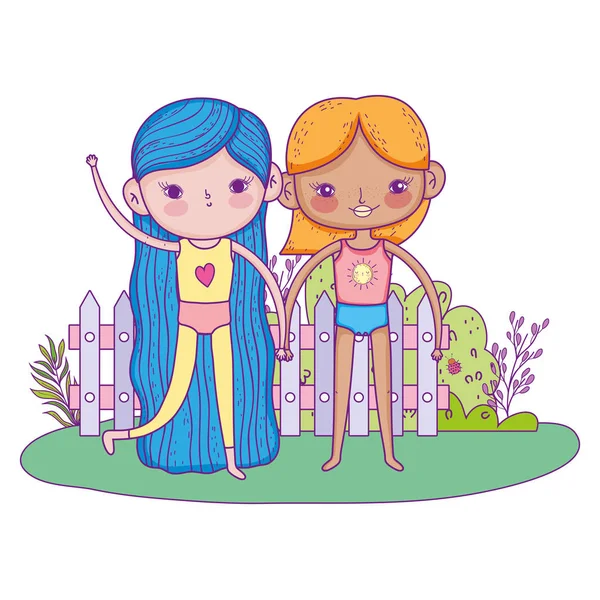 Little girls in the garden characters — Stock Vector