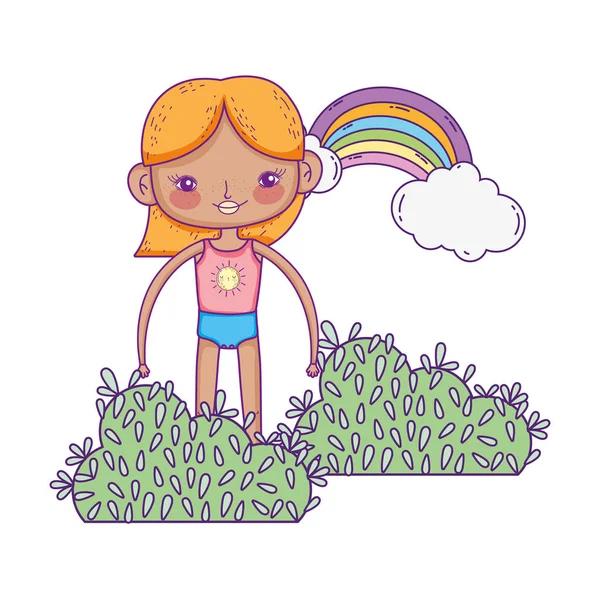 Niña en el jardín con arco iris — Vector de stock