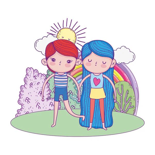 Coppia di bambini piccoli in giardino con arcobaleno — Vettoriale Stock