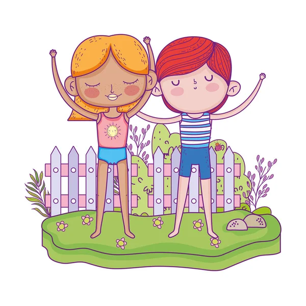 Little kids couple in the garden characters — Stock Vector