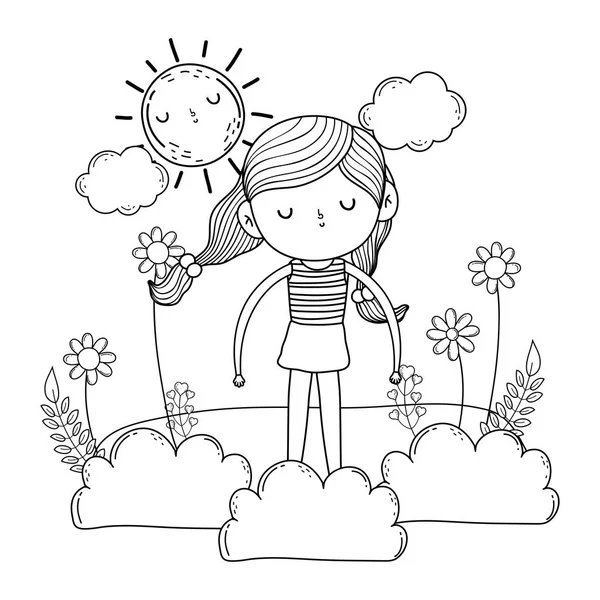 Little girl in the garden with flowers — Stock Vector