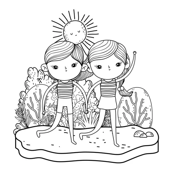 Niños pequeños pareja en el jardín personajes — Vector de stock