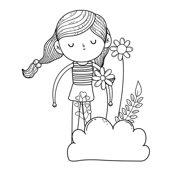 Little girl in the garden with flowers — Stock Vector