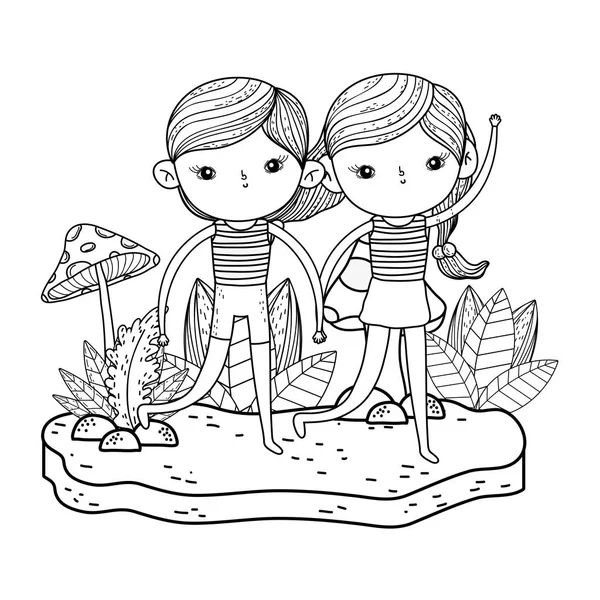 Niños pequeños pareja en el jardín personajes — Vector de stock