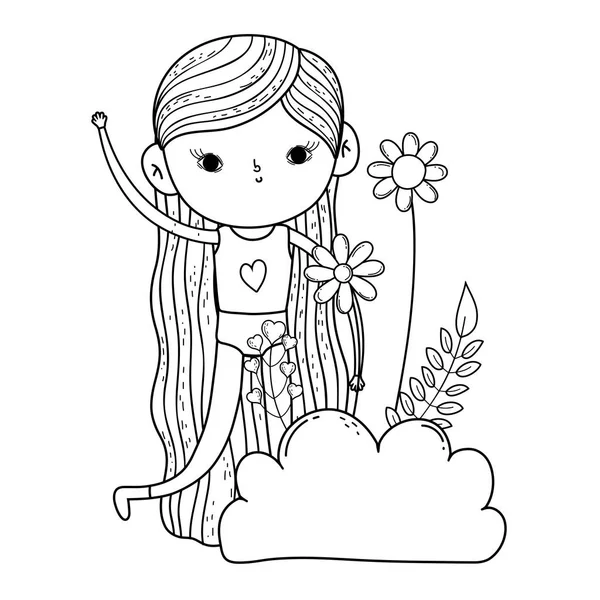 Petite fille dans le jardin avec des fleurs — Image vectorielle