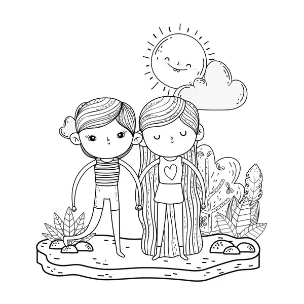 Niños pequeños pareja en el jardín personajes — Vector de stock