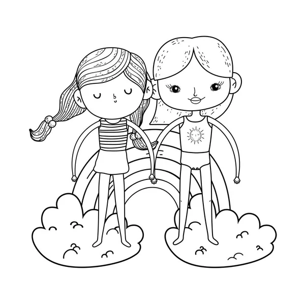 Niñas en las nubes con arco iris — Vector de stock