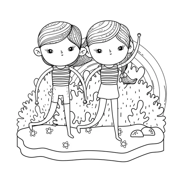 Små barn par i trädgården med regnbåge — Stock vektor