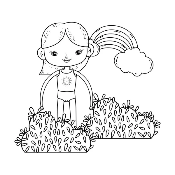 Little girl in the garden with rainbow — Stock Vector