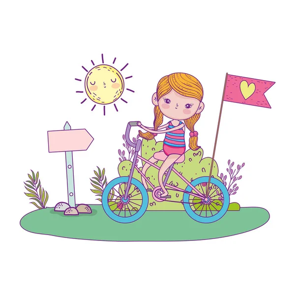 Linda niña montando bicicleta en el paisaje — Vector de stock